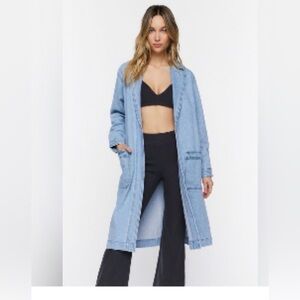 Forever 21 Denim Longline Open-Front Blazer Trench Coat Jacket 100% Cotton Small